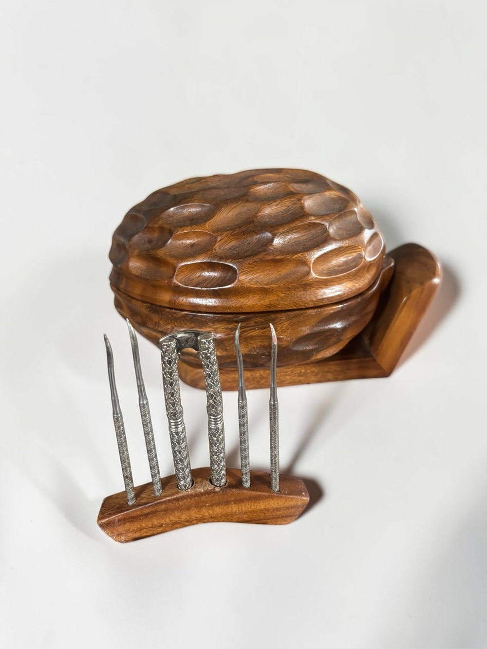 Vintage Carved Wood Walnut Nut Bowl Nutcracker & 4 Picks MCM Serving Set